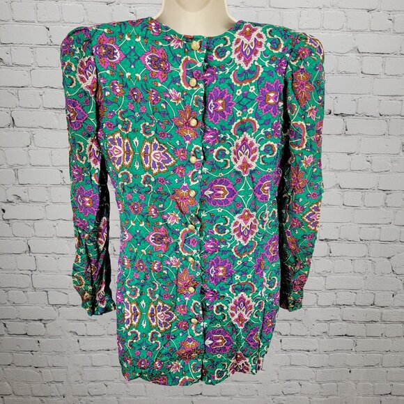 NWT VTG Richard Warren Green 100% Silk Floral Gold Button Long Sleeve Blouse 4 - Picture 2 of 16